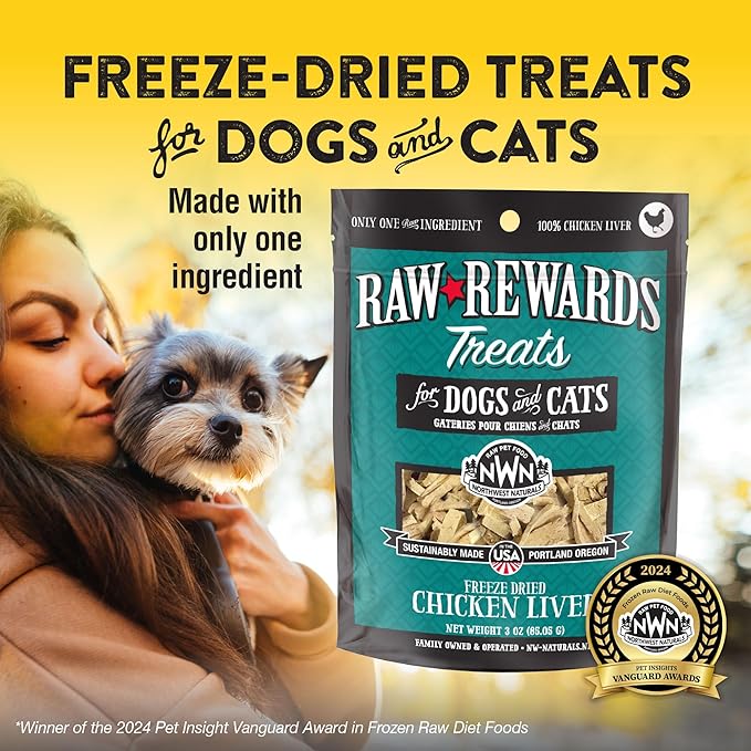 Northwest Naturals Raw Rewards Freeze-Dried Chicken Liver Treats for Dogs and Cats - Bite-Sized Pieces - Healthy, 1 Ingredient, Human Grade Pet Food, Natural, Proudly Made in USA, 3 Oz (Pack of 3)