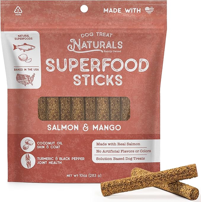 Salmon & Mango Superfood Sticks for Dogs | All-Natural Premium Training Dog Treats | Contains Turmeric for Joint Health | Made with Real Salmon & Mango | Made in USA | 10 Ounces