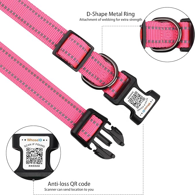 Dog Collar with QR Code, Reflective Dog Collar, Soft Neoprene Padded & Safety Locking Buckle Adjustable Pet Collar (Rose, M-with Airtag Holder)