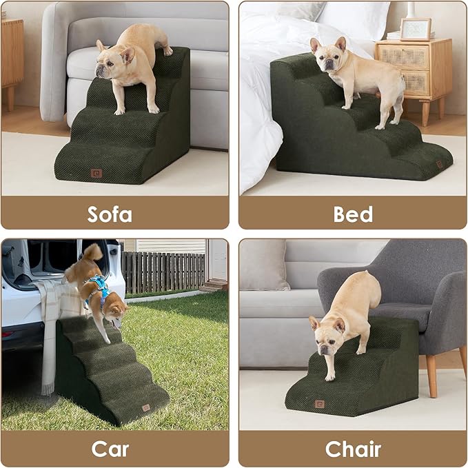 EHEYCIGA Curved Dog Stairs Ramp for Small Dogs 15.7" H, 3-Step Dog Steps for Couch Sofa and Chair, Pet Stairs for Cats, Non-Slip Balanced Pet Steps Indoor, Olive Green