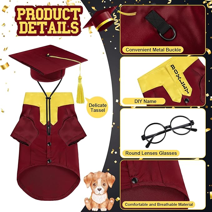 5 Pcs Dog Graduation Costume Set Include 2025 Pet Graduation Gown with Stole Puppy Grad Cap Lensless Glasses DIY Letter Stickers for Dogs Cats Holiday Costume Accessory(Maroon Yellow,L)