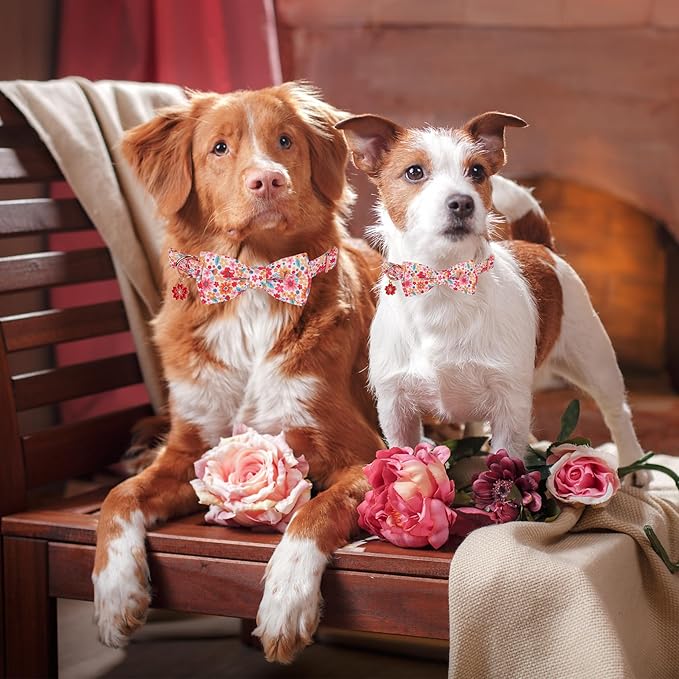 ADOGGYGO Floral Dog Collar with Bow, Metal Buckle, Adjustable Red Pink Pet Flower Collar for Extra Large Dogs (X-Large)