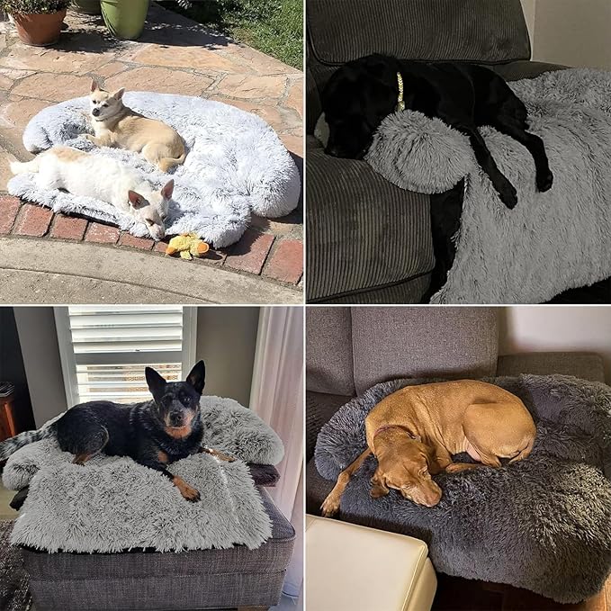 Calming Dog Bed Fluffy Plush Dog Mat for Furniture Protector with Removable Washable Cover for Large Medium Small Dogs and Cats (Medium, Grey)