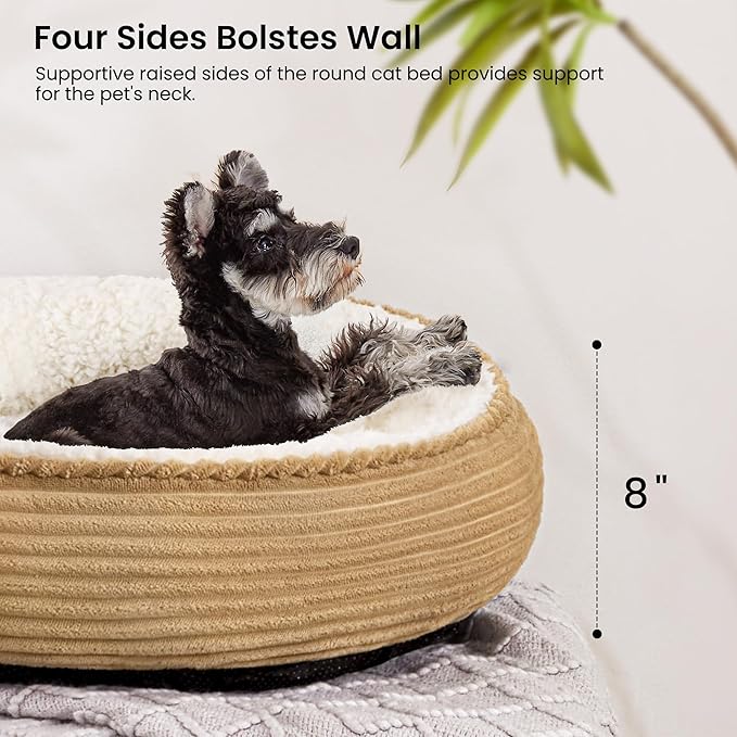 Love's cabin Round Donut Cat and Dog Cushion Bed, 25in Pet Bed for Small or Medium Dogs, Anti-Slip & Water-Resistant Bottom, Soft Durable Fabric Pet Beds, Washable Calming Cat Bed Camel Stripe