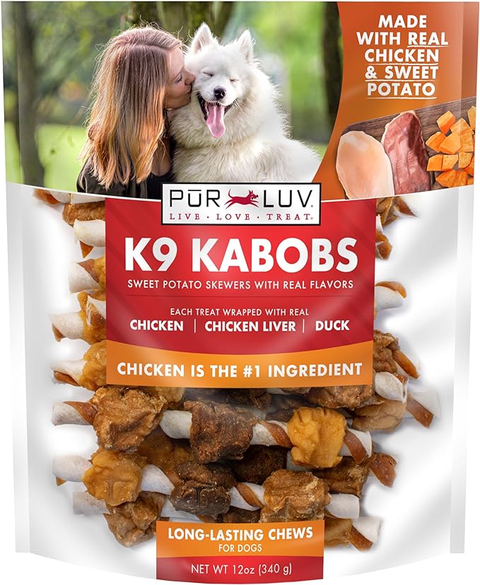 Dog Treats, K9 Kabobs for Dogs Made with Real Chicken, Duck, and Sweet Potato, 12 Ounces, Healthy, Easily Digestible, Long-Lasting, High Protein Dog Treat, Satisfies Dog's Urge to Chew