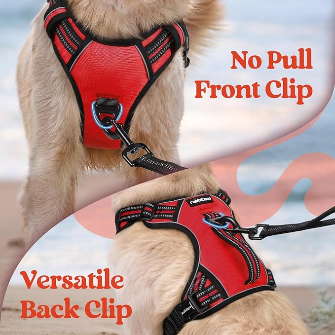 rabbitgoo Dog Harness Medium Sized, No Pull Pet Harness with Soft Padded Handle, Adjustable Reflective Vest with 3 Buckles, Easy Walking Harness with 2 Leash Clips, Red, M