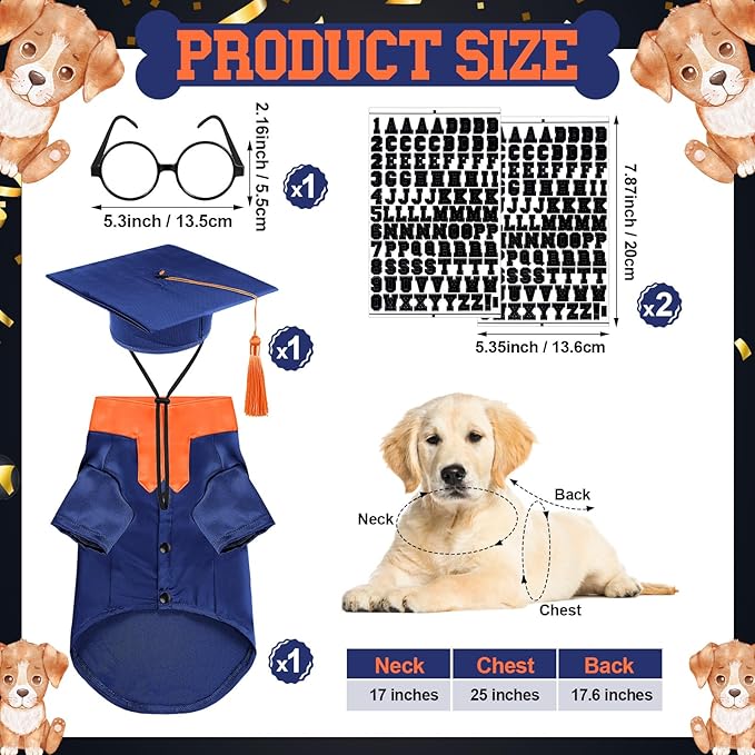 5 Pcs Dog Graduation Costume Set Include 2025 Pet Graduation Gown with Stole Puppy Grad Cap Lensless Glasses DIY Letter Stickers for Dogs Cats Holiday Costume Accessory(Blue Orange,L)