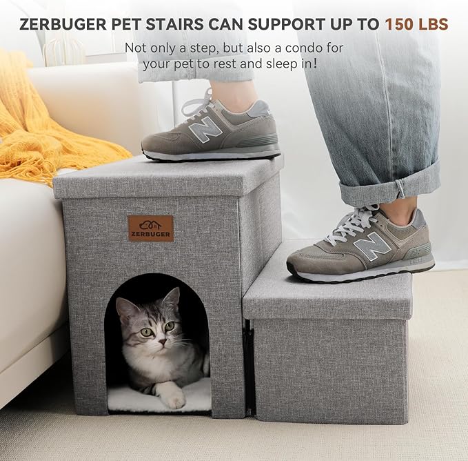 Dog Stairs with Condo 15" H, 2-Step Wider Dog Steps for Small/Medium/Large Old Dogs Cats, Folding Sturdy Storage Pet Stairs Climbing Bed Couch, Dog Ramp for Car Hold Up to 150 lbs, Smok Grey