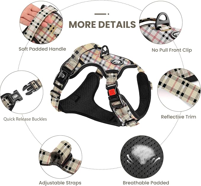FURRYFECTION Plaid Dog Harness for Small Dogs | No Pull Reflective Pet Harness | No Choke Adjustable Dog Vest Harnesses | with Leash | Easy Control Handle | Front Lead | Seat Belt | Beige&White | S