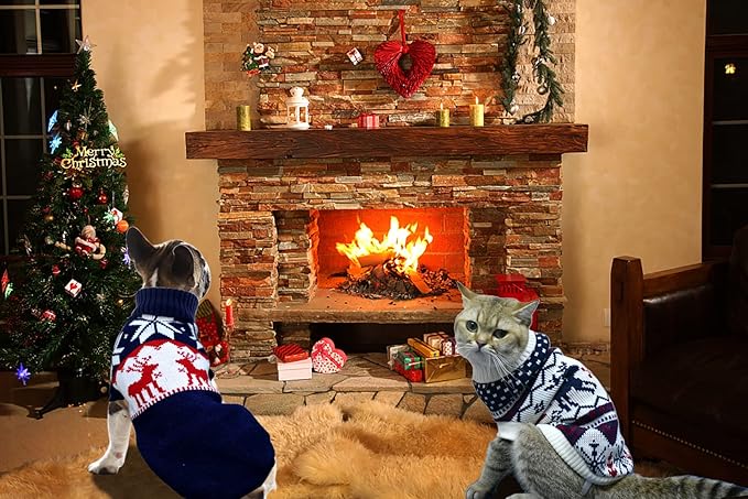 3Pcs Christmas Dog Sweater Costume Xmas Cat Knitwear Clothes Navy Blue White and Christmas Red Sweaters with Reindeers Snowflakes Pattern for Kitten Cat Puppy Dog L