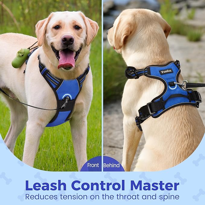 Funfox Dog Harness No Pull, Adjustable Pet Vest Harness Blue XL with Handle, 2 Leash Clips for Daily Walking Easy Control, Soft Durable Reflective Comfortable for X-Large Breed Dogs