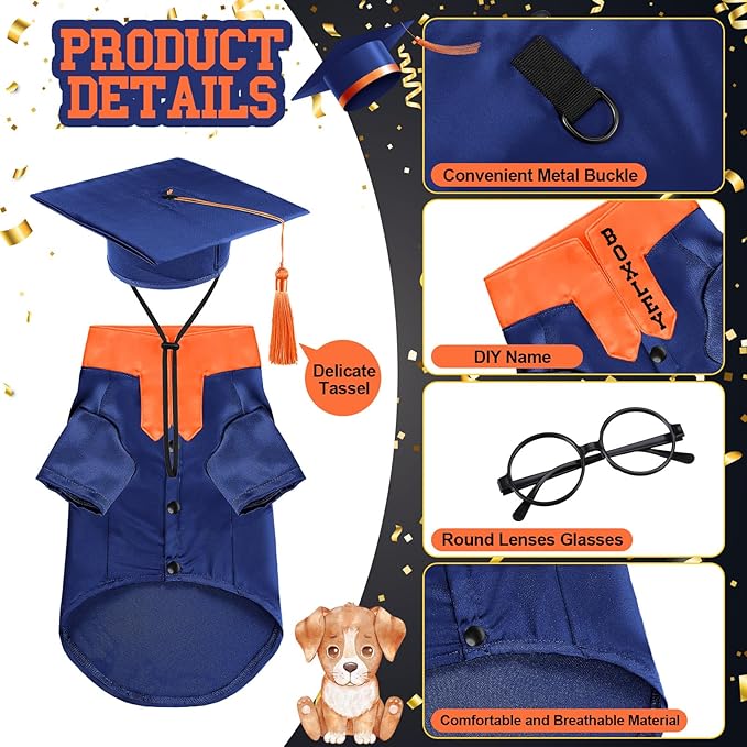 5 Pcs Dog Graduation Costume Set Include 2025 Pet Graduation Gown with Stole Puppy Grad Cap Lensless Glasses DIY Letter Stickers for Dogs Cats Holiday Costume Accessory(Blue Orange,M)