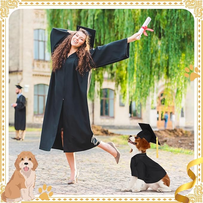 Xuniea 2 Pcs Dog Graduation Costume Set 2025 Dog Graduation Cap and Gown Puppy Hat with Tassel Matte Pet Grad Outfit Cats Grad Bear Holiday Party Costume Accessory(Black,Small)