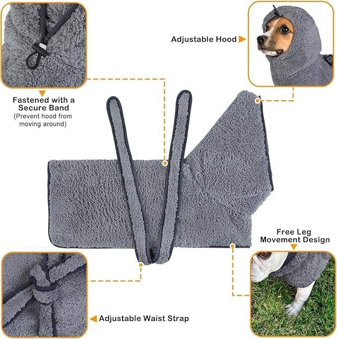 Bienbee Soft Dog Bathrobe,Super Absorbent & Quick-Drying Dog Robe with Hood, Cozy Drying Coat for After Bath, Grey XL
