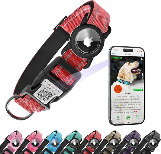 Dog Collar with QR Code, Reflective Dog Collar, Soft Neoprene Padded & Safety Locking Buckle Adjustable Pet Collar (Red, M-with Airtag Holder)