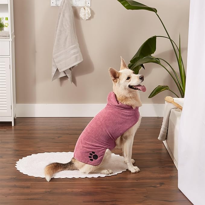 Bone Dry Pet Robe Collection Embroidered Absorbent Microfiber Bath Robe with Adjustable Closure, for Dogs & Cats, Large, Rose