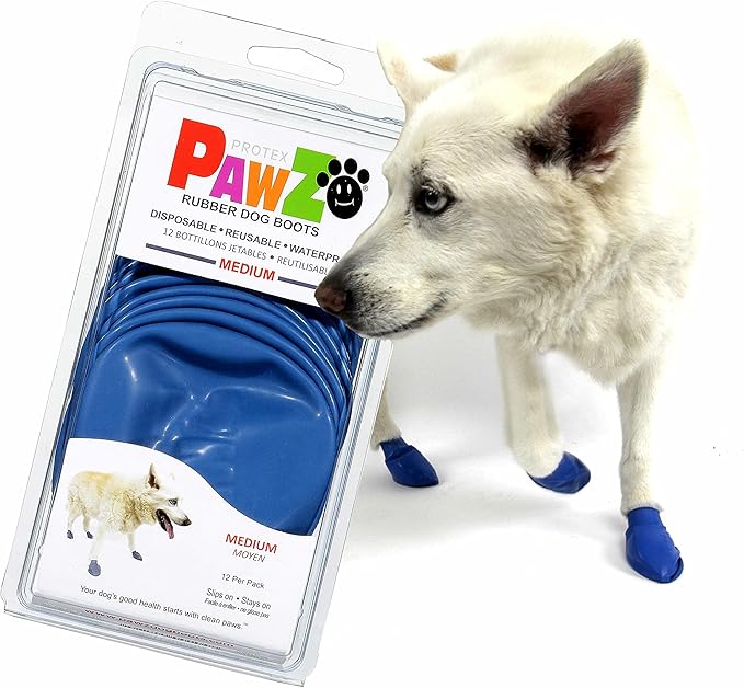 PawZ Rubber Dog Boots for Paws to 3" - All-Weather Dog Booties for Hot Pavement, Sand, Snow, Mud, and Rain - Anti Slip Dog Socks - M, Blue