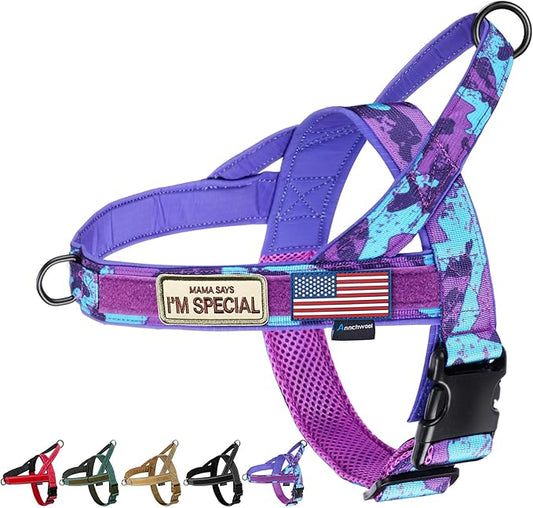 Annchwool No Pull Dog Harness with Soft Padded Handle,Escape Proof and Quick Fit to Adjust Dog Harness,Easy for Training Walking for Small & Medium and Large Dogs(Camo Purple,L)