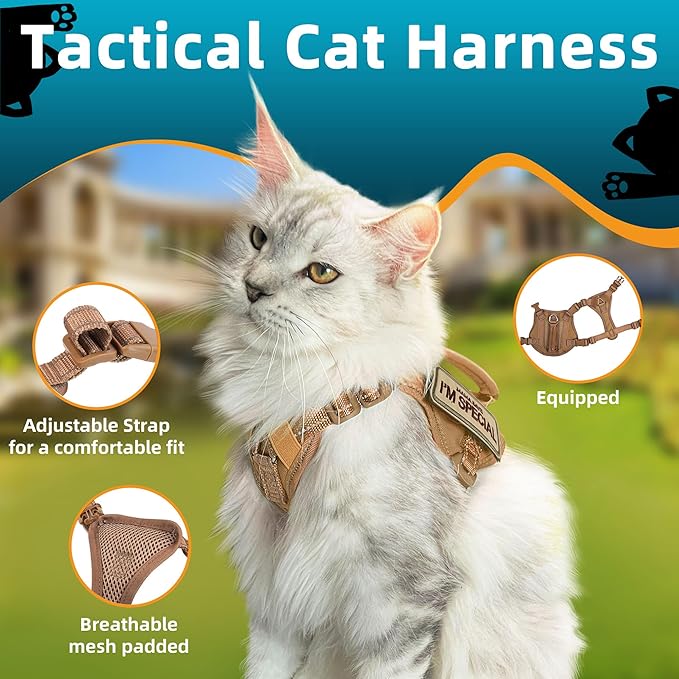 Tactical Cat Harness and Leash Khaki for Walking Esacpe Proof, Adjustable Soft Mesh Large Cat Vest with Handle Easy to Control,Molle Patches XL