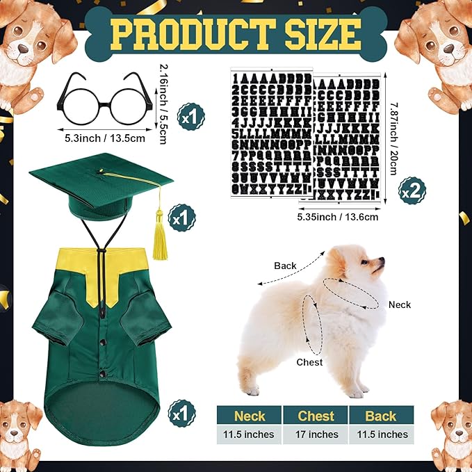 5 Pcs Dog Graduation Costume Set Include 2025 Pet Graduation Gown with Stole Puppy Grad Cap Lensless Glasses DIY Letter Stickers for Dogs Cats Holiday Costume Accessory(Green Yellow,S)