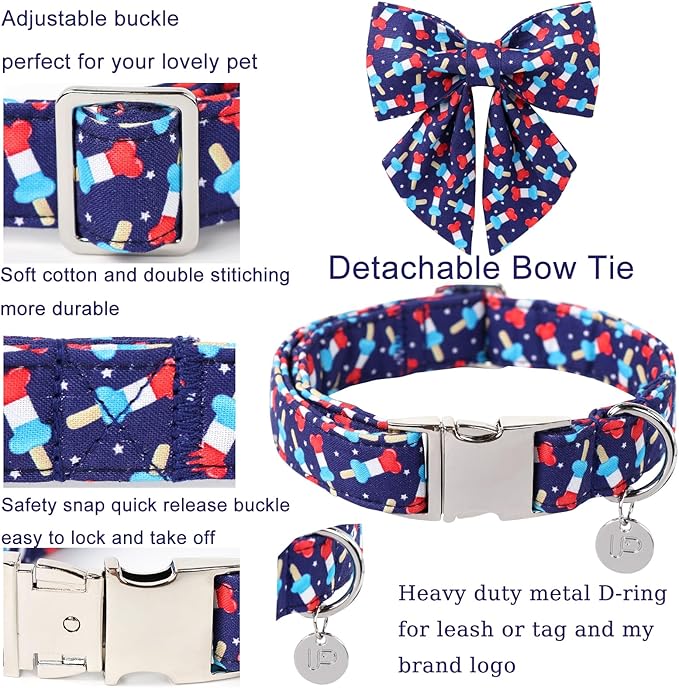 Patriotic Bow Tie Collar for Puppy to Cat - American Flag Design, Comfortable Summer Collar with Metal Buckle, XS, 8-12in Neck