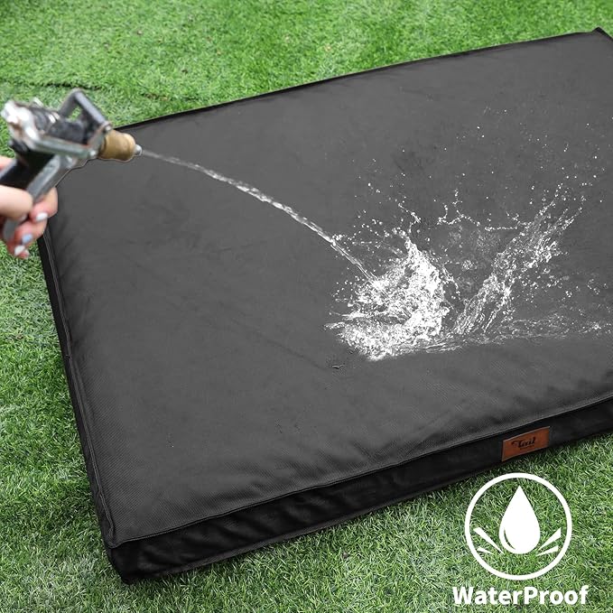 Outdoor Extra Large Dog Crate Bed, Big Waterproof Dog Bed for Large Dogs, Orthopedic Egg Foam Pet Bed Mat with Removable Cooling Cover, Black