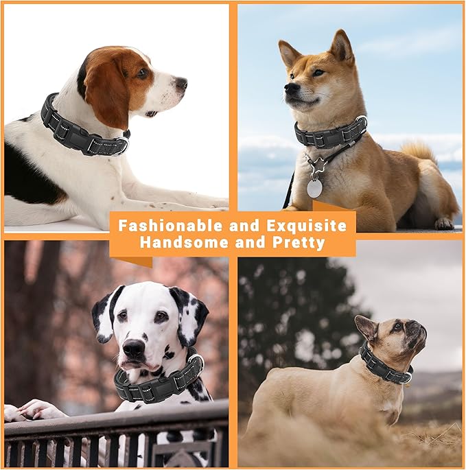 2 Pack Reflective Dog Collar with Safety Locking Buckle, Adjustable Soft Breathable Comfortable Nylon Pet Collar for Small, Medium and Large Dogs, Black, L