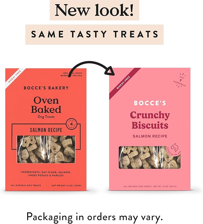 Bocce's Bakery Oven Baked Salmon Recipe Treats for Dogs, Wheat-Free Dog Treats, Made with Real Ingredients, Baked in The USA, All-Natural Salmon, Sweet Potato & Parsley Biscuits, 14 oz