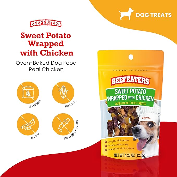 Dog Treats - Sweet Potato Wrapped with Chicken 4.25oz, Case of 6 | Dog Food No Corn/Wheat/Soy/Gluten | Low Fat, Grain-Free, Training & Rewards | Dog Training Treats For All Dog Sizes | BEEFEATERS