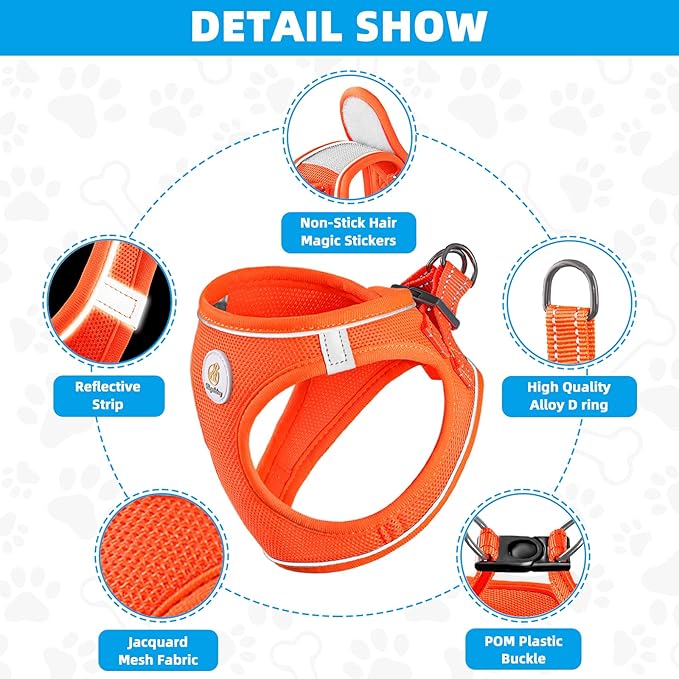 Dog Harness and Leash Set, No Pull Soft Mesh Pet Harness for Small Medium Dogs, Cats - Step in Adjustable Reflective Puppy Harness with Buckle and Double D-Rings - Orange, XS