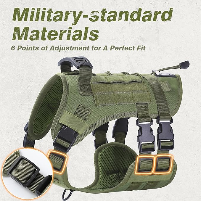 No Pull Tactical Dog Harness for Small Dogs, Escape Proof Molle Dog Vest Harness and Leash Set, Adjustable Military Service Dog Harness with Handle for Medium Large Dogs (Green, S)