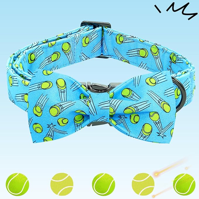 Dog Collar-Tennis Balls Print Adjustable Pet Collar Cute Cotton Soft Collars with Bow Tie Spring Summer Metal Buckle Puppy Collar Gift for X-Large Dogs