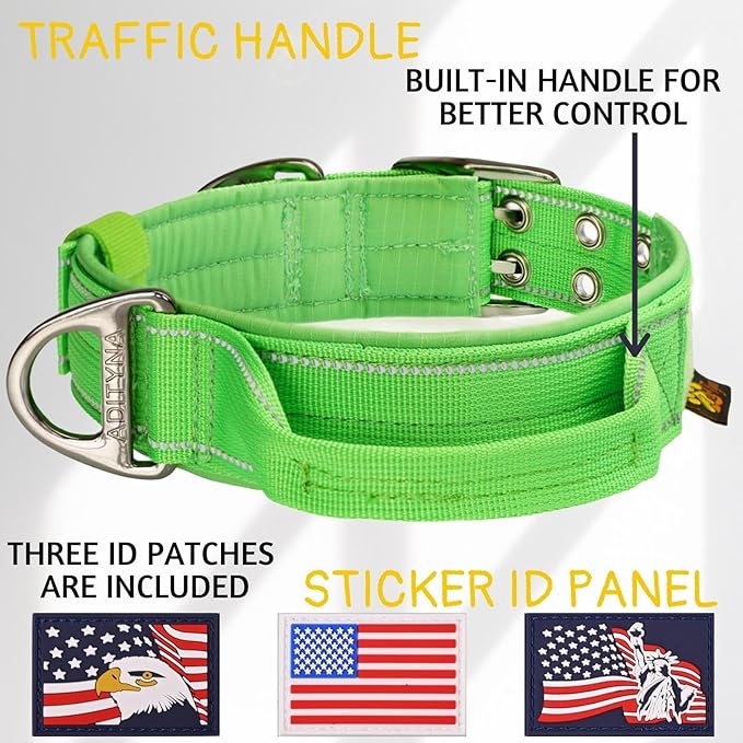 ADITYNA Heavy Duty Dog Collar for Large Dogs - Reflective Green Collar with Handle for Training, and Walking - Wide, Thick, Tactical, Soft Neoprene Padded