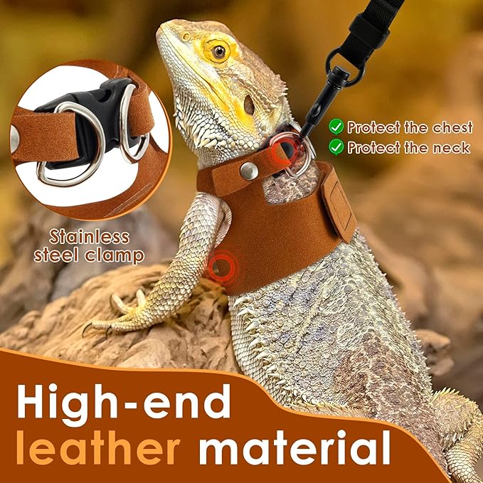 3 Pack Bearded Dragon Harness and Leash Set - Adjustable Soft Leather Lizard Harness 3 Sizes with Leash Small Animal Traction Rope Walking Vest Accessories for Lizards and Other Small Reptiles