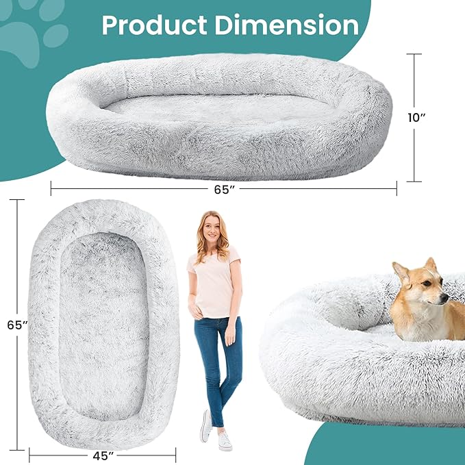 JOLLYVOGUE Human Dog Bed for Adults and Pets, Ultra-Soft Plush Giant Dog Bed with Egg Crate Foam, Non-Slip Base, and Machine Washable Cover - Perfect for Relaxation and Napping, Light Grey