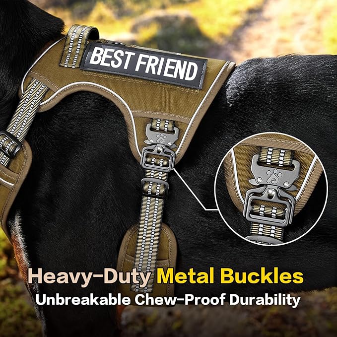PawsPassion Tactical Dog Harness for X-Large Dogs, Chew-Proof Metal Hardware, Heavy Duty No Pull Dog Harness, Reflective Strips, Adjusting Ring, MOLLE System, Hook and Loop Panel (Sandstone, XL)