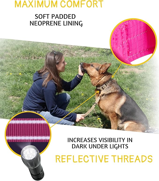 ADITYNA Heavy Duty Dog Collar for Extra-Large Girl Dogs - Reflective Pink Big Collar with Handle for Training, and Walking - Wide, Thick, Tactical, Soft Neoprene Padded