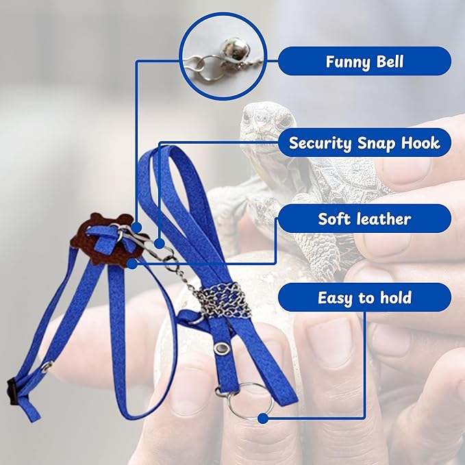 Tortoise Harness and Leash with Toy Skateboard for Turtle set, Funny Tortoise Skateboard and Adjustable Leather Harness Leash, Training Skateboard and Turtle Harness Leash Pet Tortoises Toys (Blue, L)