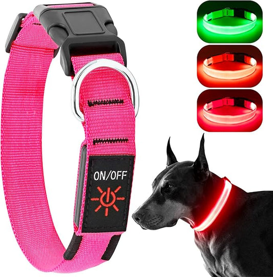 Light Up Dog Collar at Night, Led Dog Collar Adjustable, Lighted Dog Collar Rechargeable Waterproof, Dog Lights for Night Walking, Glow in The Dark Dog Collars Light for Medium Large Dogs PM