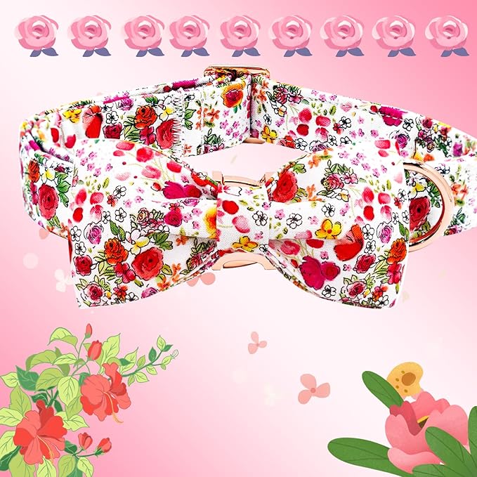 Elegant little tail Dog Collar, Pink Rose Print Pet Collar Summer Dog Collar Durable Metal Buckle Dog Collars Cotton Pet Adjustable Dog Collars for Small Dogs