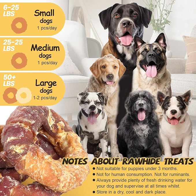ASMPET Dog Chews Long Lasting, Duck Chicken Wrapped Rawhide Donuts Grain Free Rawhide Bones Teeth Cleaning for Small Medium Large Breed Aggressive Chewer (Pack of 4)