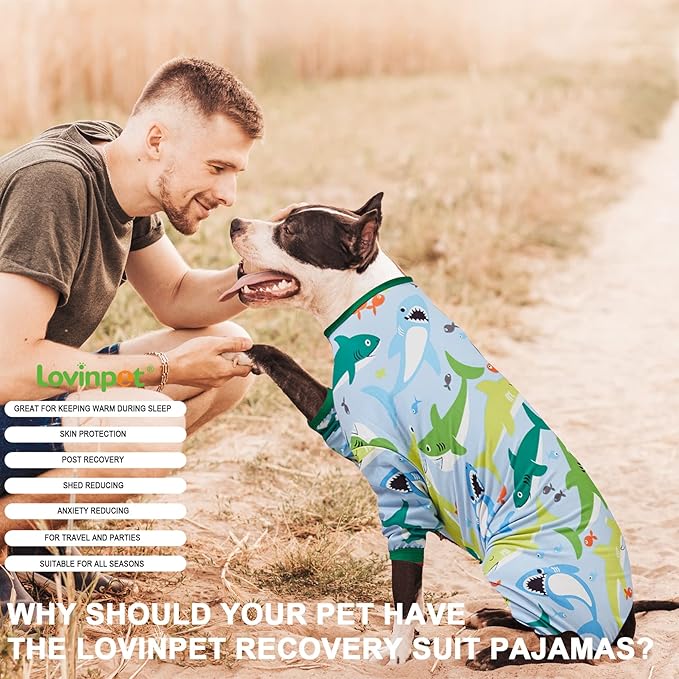 LovinPet Surgical Recovery Shirt for Large Dogs, Undershirt for Dog Coats, Lightweight Stretchy Knit Dog Onesie, Big Bites Turquoise Print Dog Jammies, UV Protection, Large Breed DogPj's, L