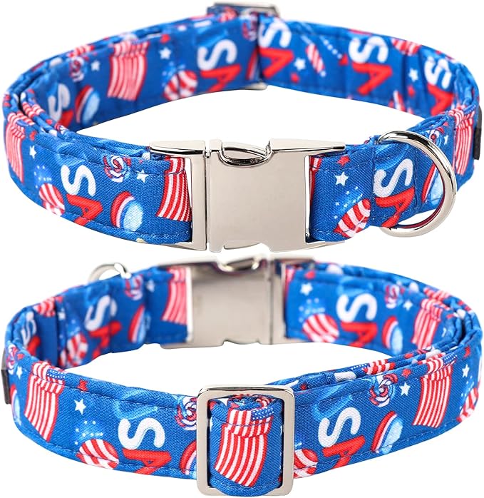 Lionet Paws Dog Collar, Comfortable Cute American Collar with Metal Buckle for Male Female Dogs, July of 4th, Large, Neck 16-24 inches