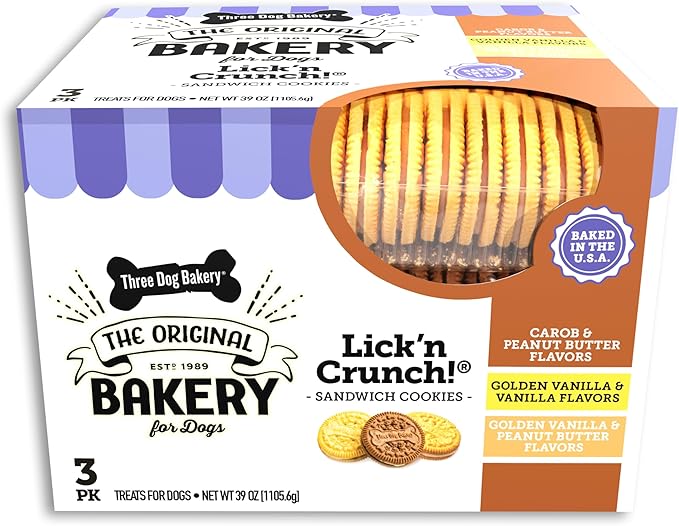 Three Dog Bakery Lick'n Crunch Sandwich Cookies Premium Dog Treats with No Artificial Flavors, Carob/Peanut Butter, Golden/Vanilla, 39 Ounces (Pack of 1)