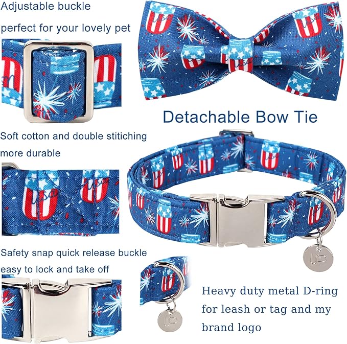 4th of July Dog Collar with Bow Tie, Patriotic Bowtie Dog Collar, American Flag Collar for X-Large Boy Girl Dog, Comfortable Summer Bowtie Collar with Metal Buckle, XL