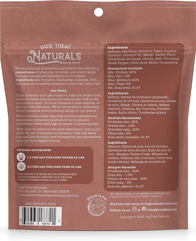 Salmon & Mango Superfood Sticks for Dogs | All-Natural Premium Training Dog Treats | Contains Turmeric for Joint Health | Made with Real Salmon & Mango | Made in USA | 10 Ounces
