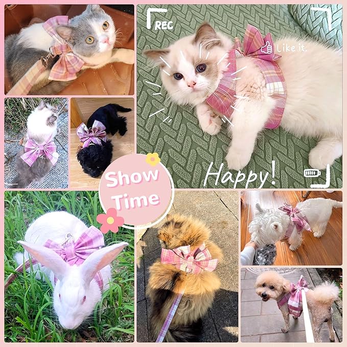 Cute Dog Harness and Leash Set with Bow Tie Soft Mesh Plaid Girl Puppy Harness No Pull Pet Cat Dog Vest Harness for Small Dogs Chihuahua Rabbit Outfit (Pink,XS)
