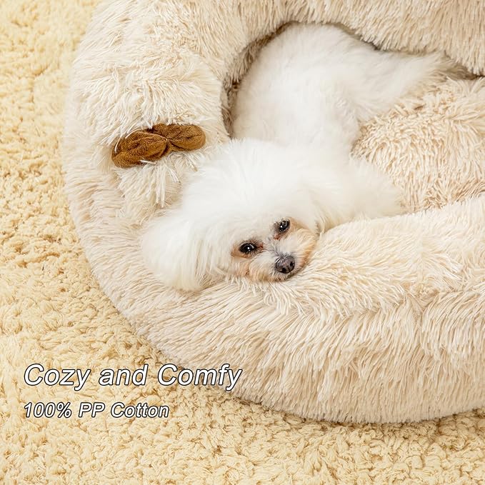 Jiupety Calming Dog and Cat Bed, Cozy Donut Cute Small Dog Beds, Anti Anxiety Round M(24" x 24" x 8") Size for Pets up to 17 lbs, Camel