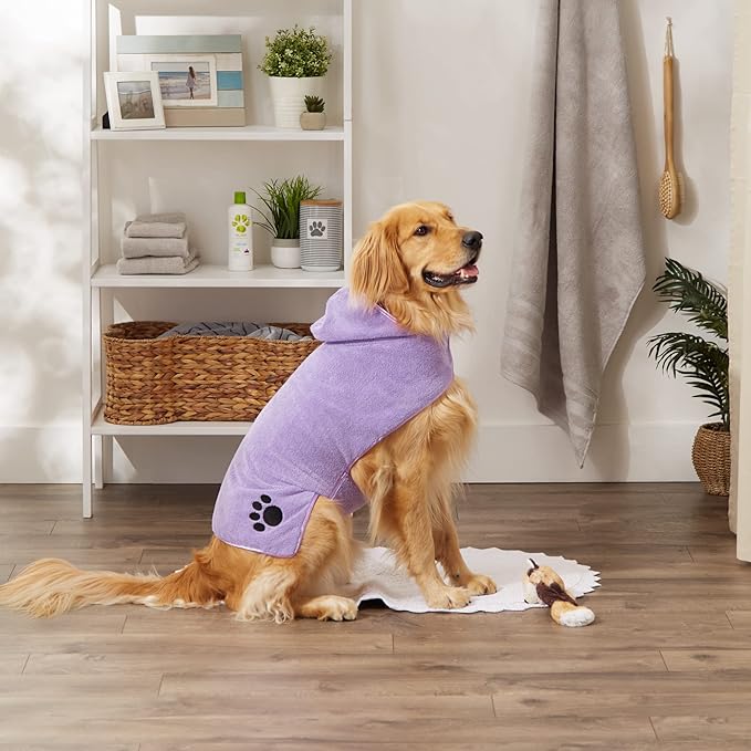 Bone Dry Pet Robe Collection, Embroidered Absorbent Microfiber Bath Robe with Adjustable Closure, for Dogs & Cats, Large, Lavender