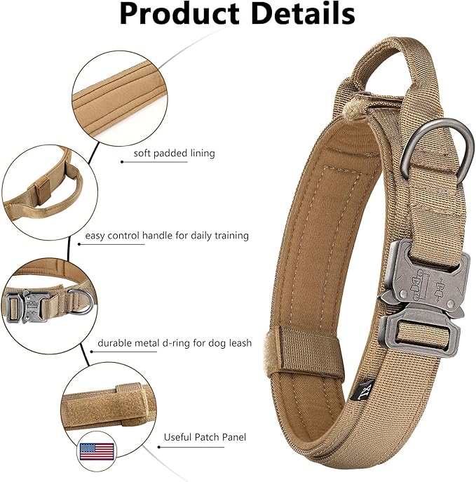 DAGANXI Tactical Dog Collar Leash Set, Adjustable Military Training Nylon Dog Collar with Controll Handle and Heavy Metal Buckle for Medium and Large Dogs,with Patches and Airtags Case (M, Brown-Set)